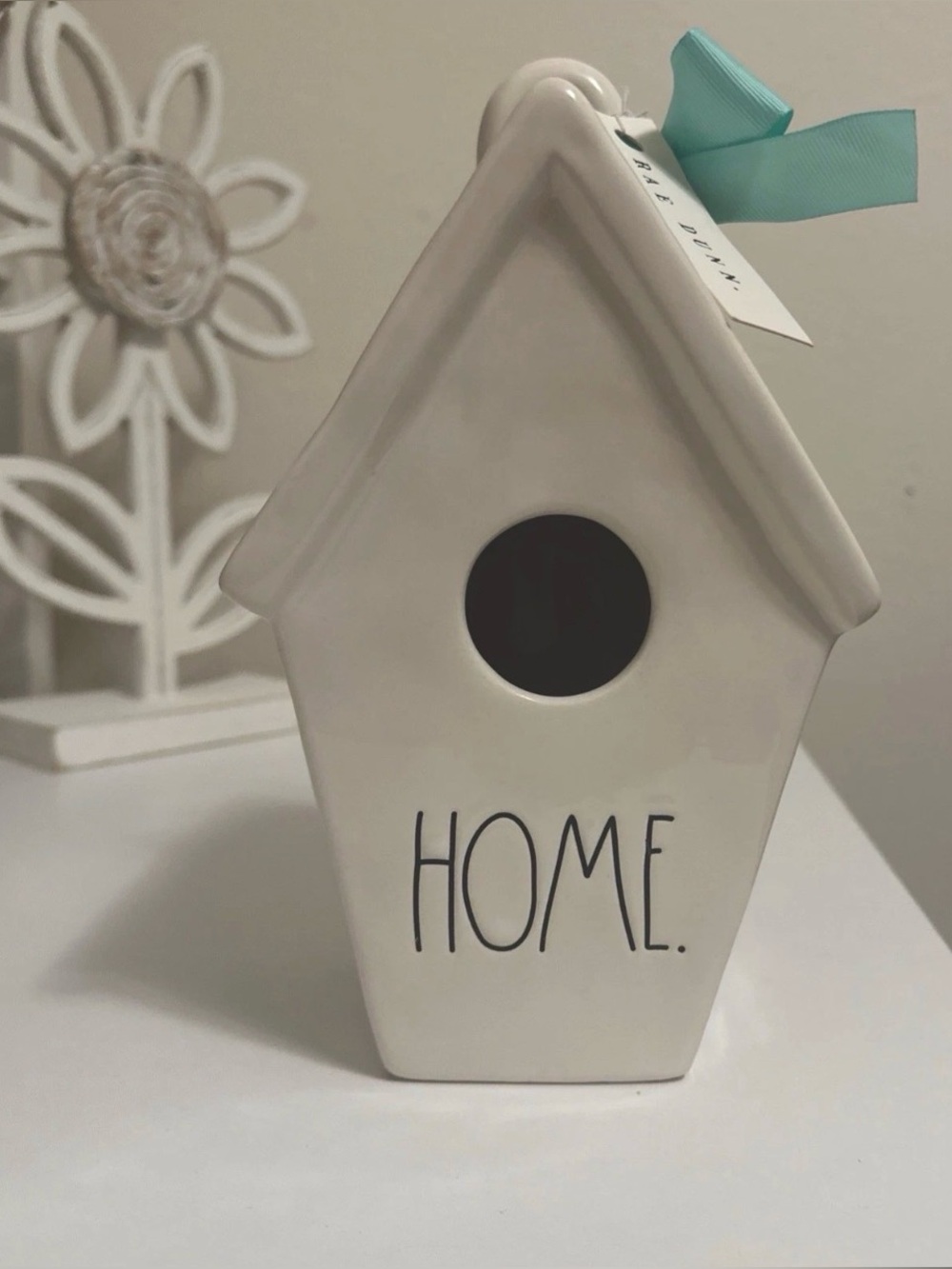 Rae Dunn White Ceramic HOME Birdhouse w/ Watercolor Flowers On Back Aqua Ribbon